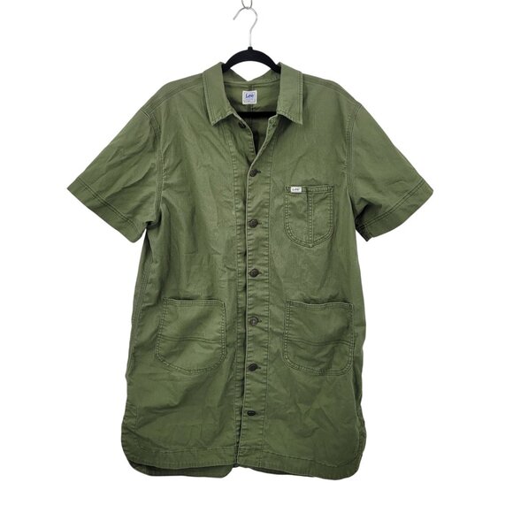 Vtg Lee Workwear Army Green Pinafore Denim Utility Shirt Dress Sz L Boilersuit - Picture 12 of 12
